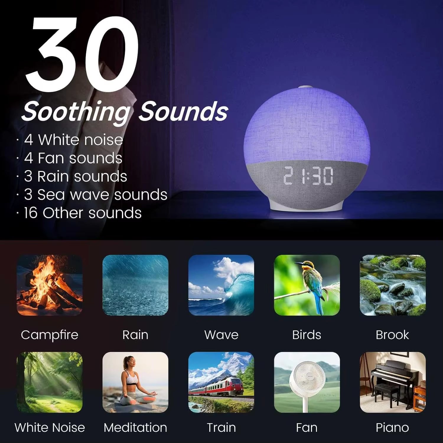 Sunrise Alarm Clock with Sound Machine Wake Up Lights Bluetooth Speaker 30 Sleep Sounds White Noise for Heavy Sleeper Ideal Gift