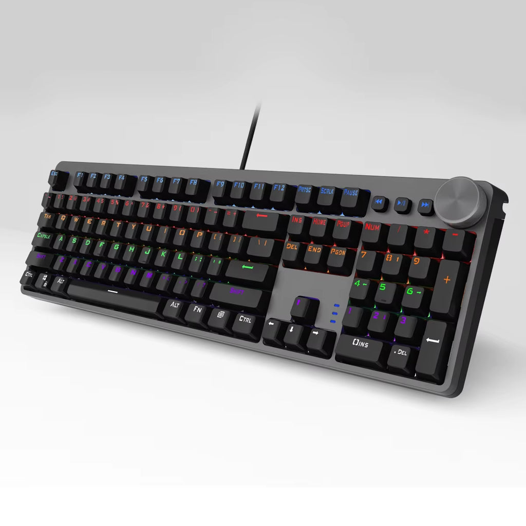 Mixed Backlight Wired Gaming Mechanical Keyboard 104 Keys Black & Gray with Multi-Function Knobs French/US Layout ES-RS