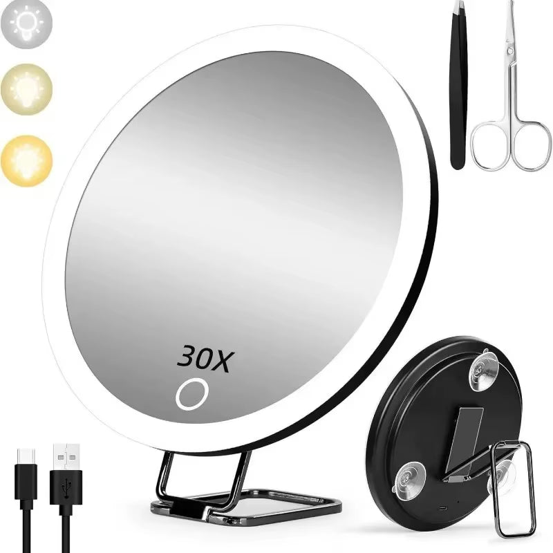 6 Inch Adjustable Stand Magnifying Mirror with Light High-Definition Suction Cup LED Makeup Mirror Foldable 5/10/20/30x