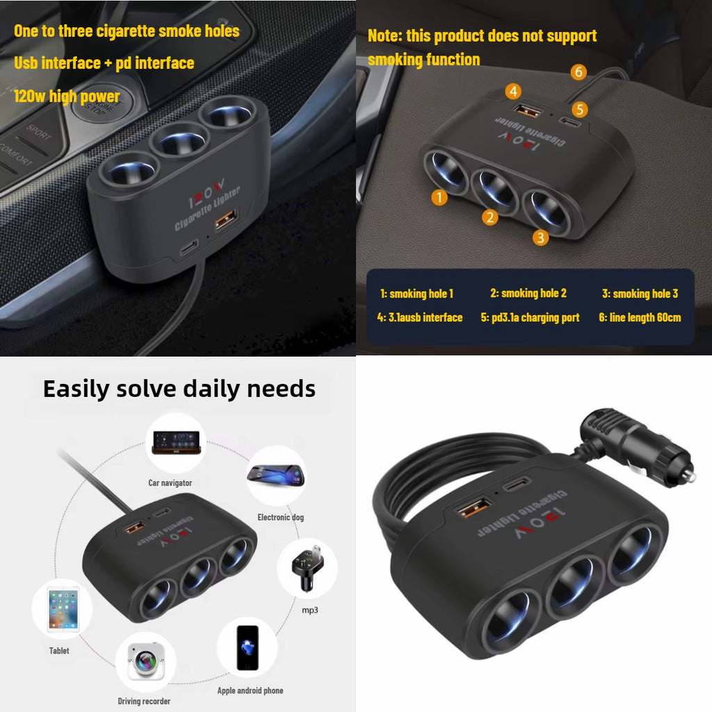 3 Socket Car Cigarette Lighter Splitter Dual USB LED Car Fast Charger 120W 12V 24V Car Charger Adapter for IPhone GPS Dashcam