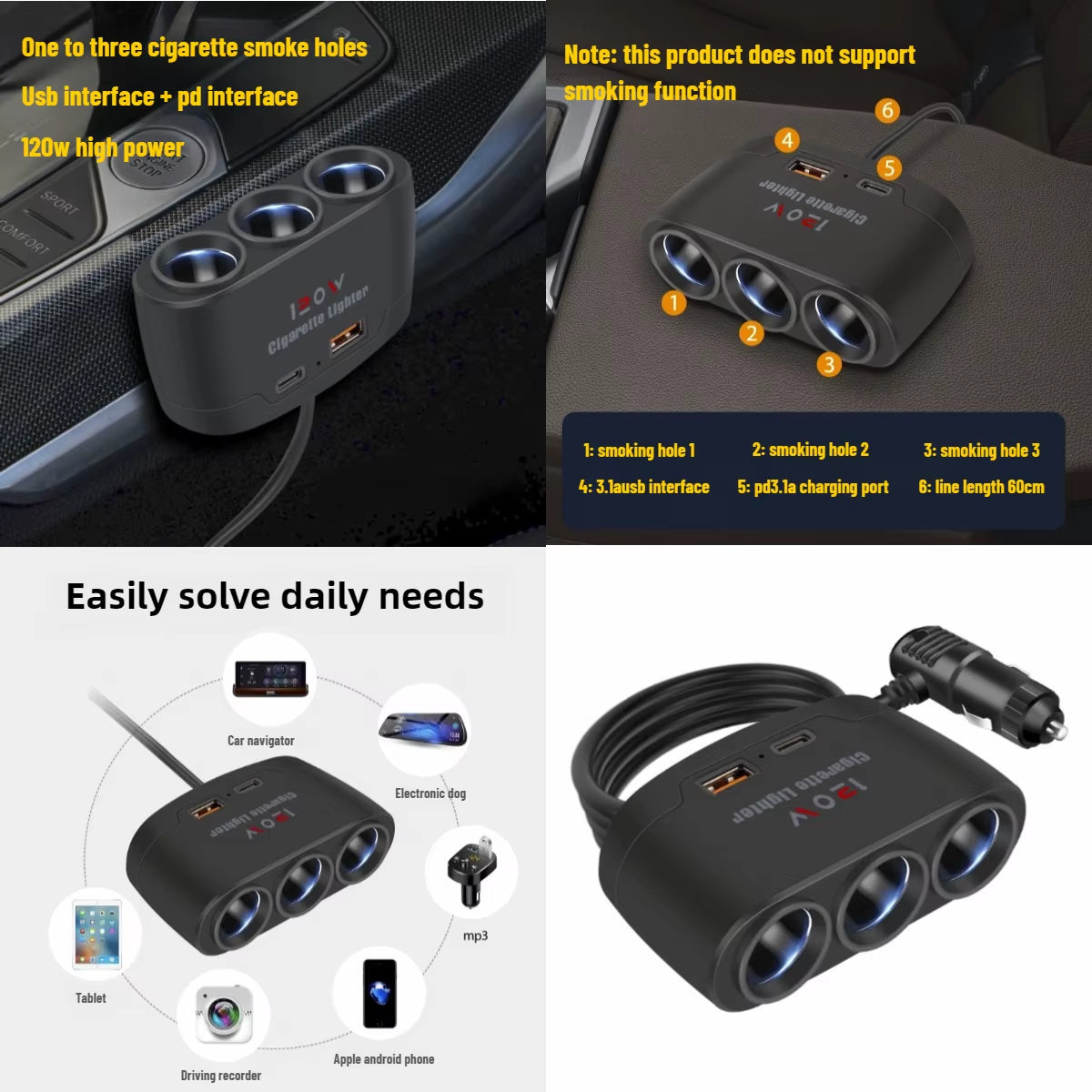 3 Socket Car Cigarette Lighter Splitter Dual USB LED Car Fast Charger 120W 12V 24V Car Charger Adapter for IPhone GPS Dashcam
