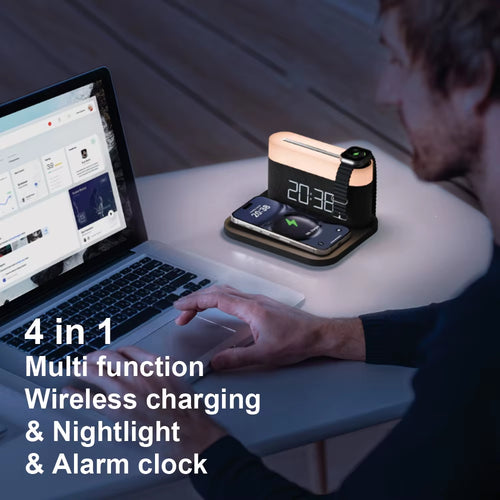 15W Qi Wireless Charging Alarm Clock - Digital LED Night Light for IPhone/Samsung/Huawei, Adjustable Brightness