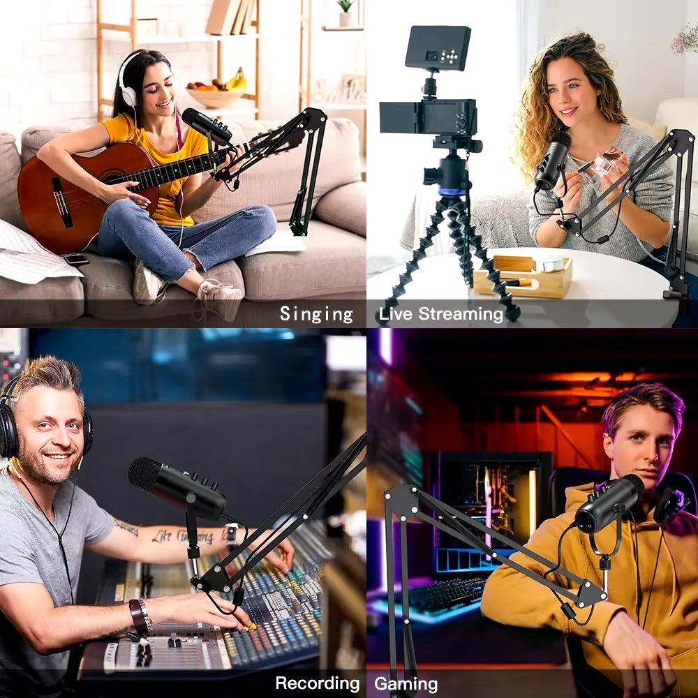 Professional USB Streaming Podcast PC Microphone Studio Cardioid Condenser Mic Kit with Boom Arm For Recording YouTube