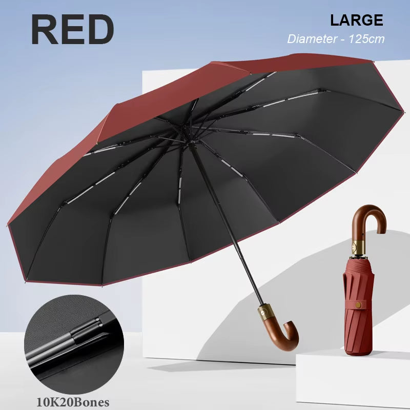 30 Bones Windproof Strong Reinforced Automatic Folding Umbrella for Men Curved Wooden Handle Luxury Umbrella Water Resistant