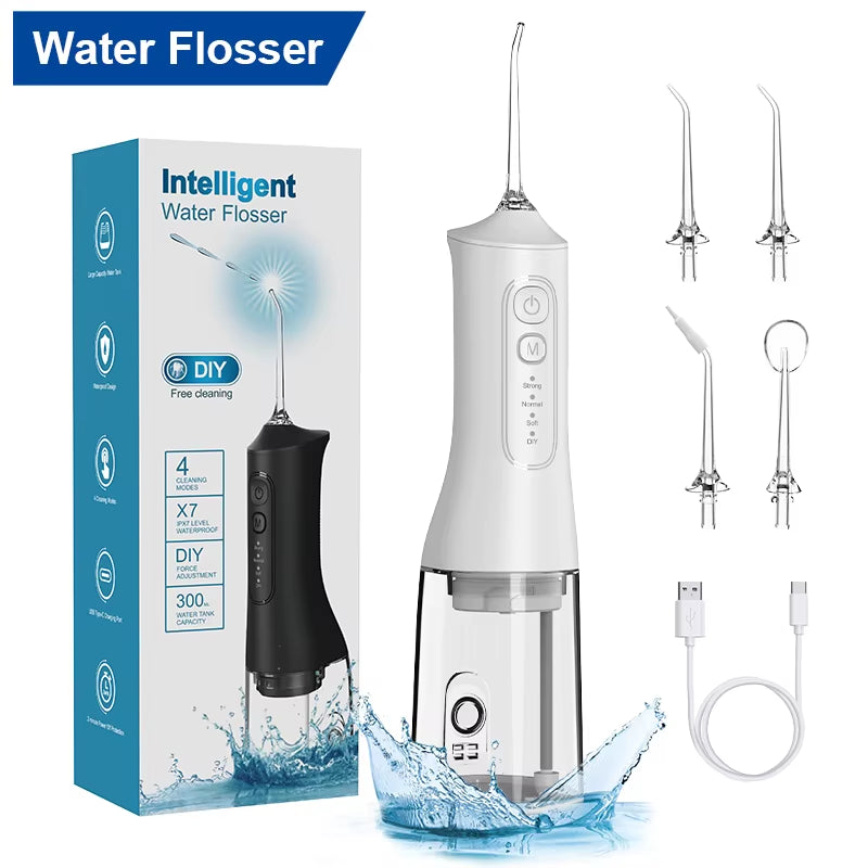 Water Dental flosser Teeth Pick- 4 Modes Cordless Oral Irrigator 300ML Portable and Rechargeable IPX7 Waterproof Powerful Batter