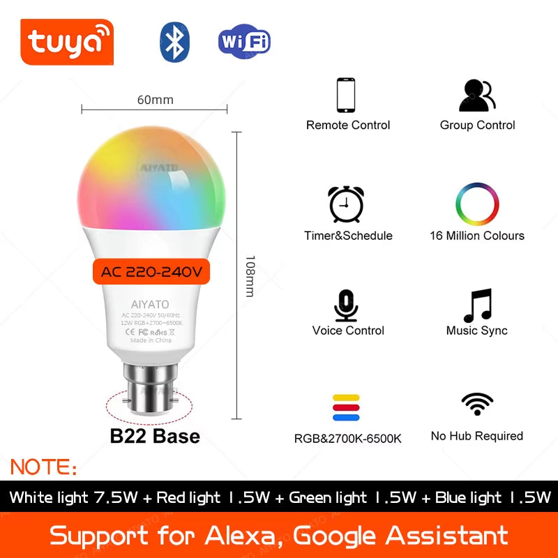 B22 Base UK TUYA Wifi Smart Bulb Bluetooth lamps Led RGB Smart Light 220V Alexa Google Assisatnt Voice Control Timing APP Group
