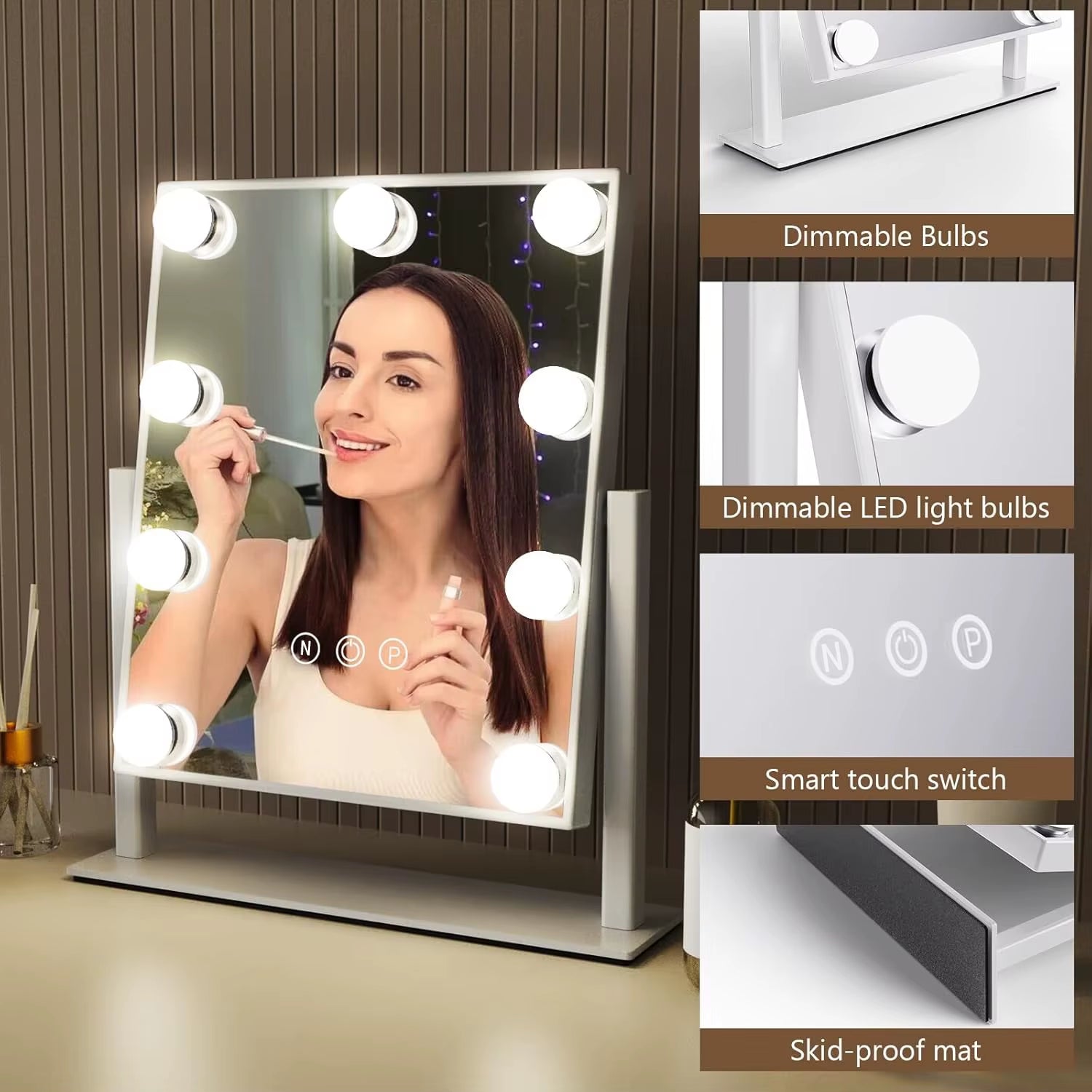 Vanity Mirror with Lights Hollywood Makeup Mirror with 9 LED Bulbs 3 Color Lighting 360°Rotation for Dressing Room & Bedroom