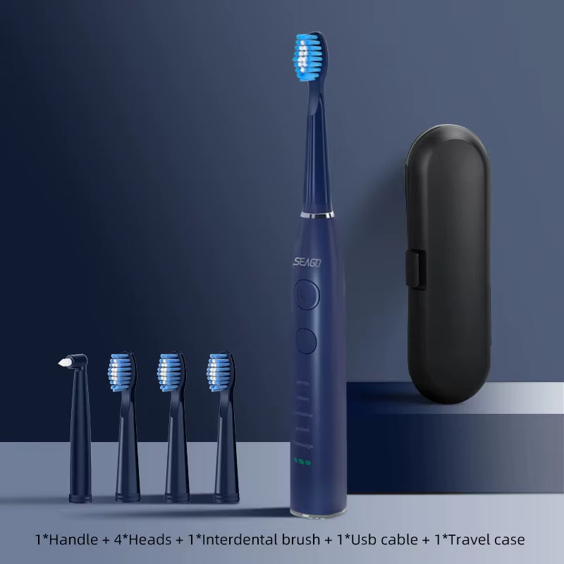 Electric Sonic Toothbrush USB Rechargeable Adult 360 Days Long Battery Life IPX7 4 Replacement Heads Travel Box  SG-575