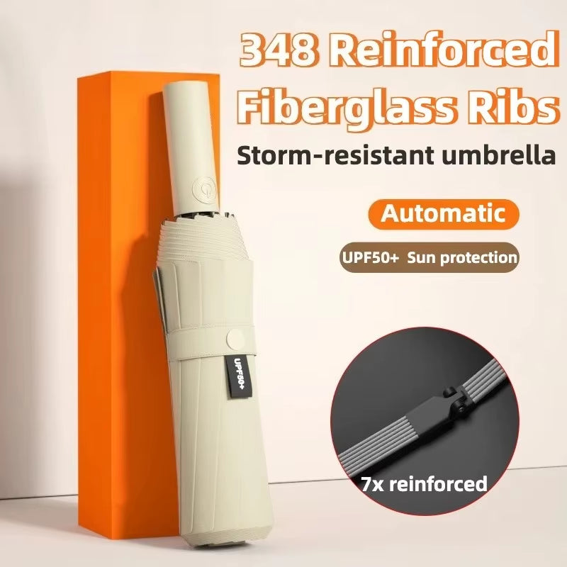 Reinforced 348 Ribs Automatic Umbrella, Windproof & Stormproof, Sun UPF 50+ Protection Folding Rain Umbrellas for Men & Women