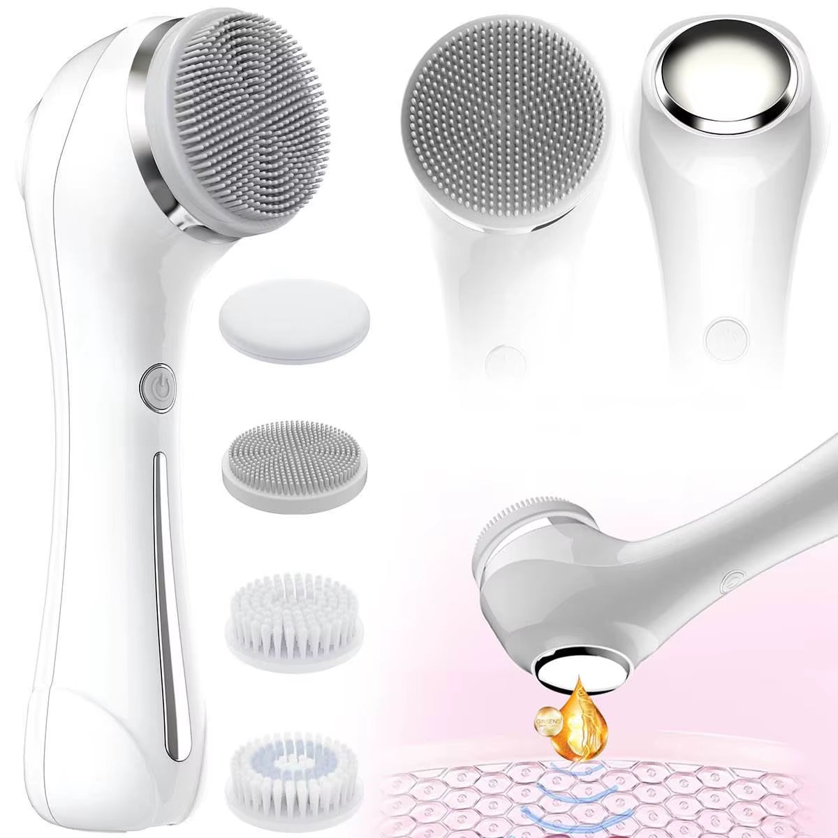Face Scrubber Sonic Facial Cleansing Brush with 5 Interchangeable Brush Head IPX7 Waterproof Wireless Rechargeable for Massaging
