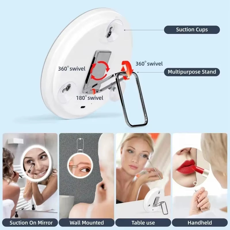 6 Inch Adjustable Stand Magnifying Mirror with Light High-Definition Suction Cup LED Makeup Mirror Foldable 5/10/20/30x