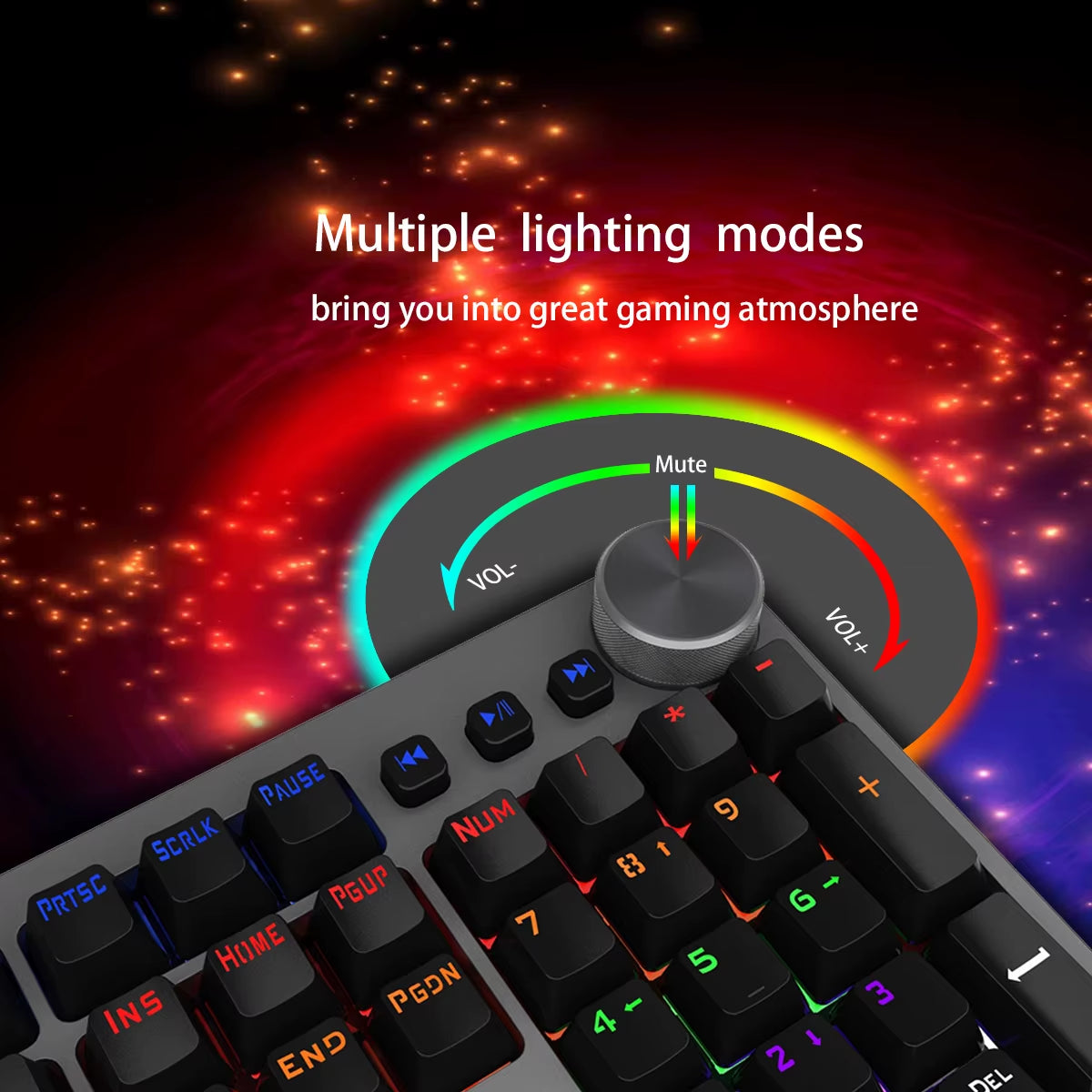 Mixed Backlight Wired Gaming Mechanical Keyboard 104 Keys Black & Gray with Multi-Function Knobs French/US Layout ES-RS