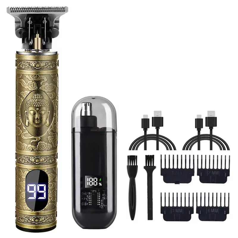 T9 Professional Retro Electric Cordless Hair Clipper Grade Rechargeable Hair Trimmer Kit with Dragon Engraved Retro Design