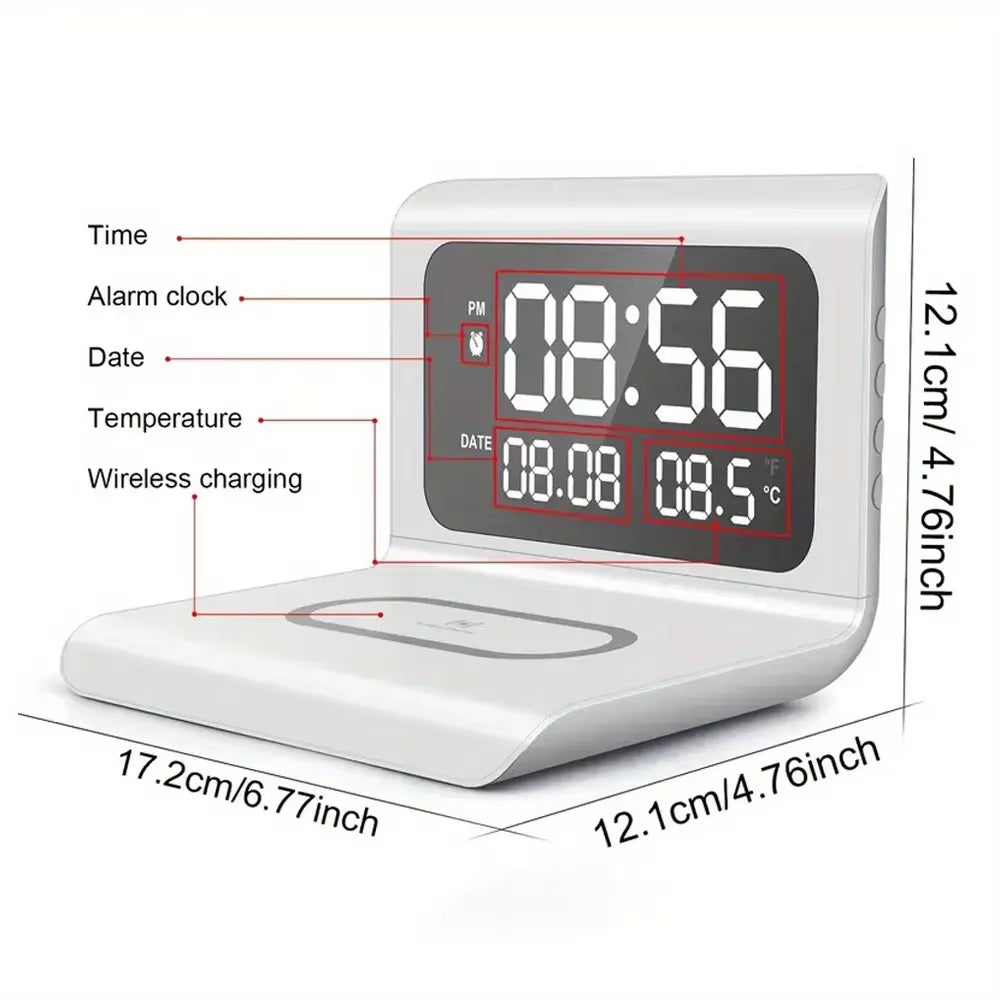 Wireless Charger with Clock Alarm - Detachable, Compatible with iPhone 16/15/14/13 series and Samsung Galaxy S24/S23/S22