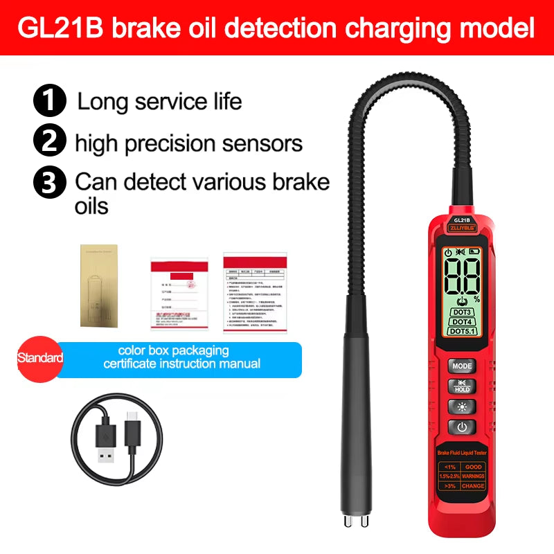 Digital Brake Fluid Tester Auto Car Brake Oil Moisture Detector DOT3/DOT4/DOT5.1 with Backlight Flexible Probe Brake Oil Tester