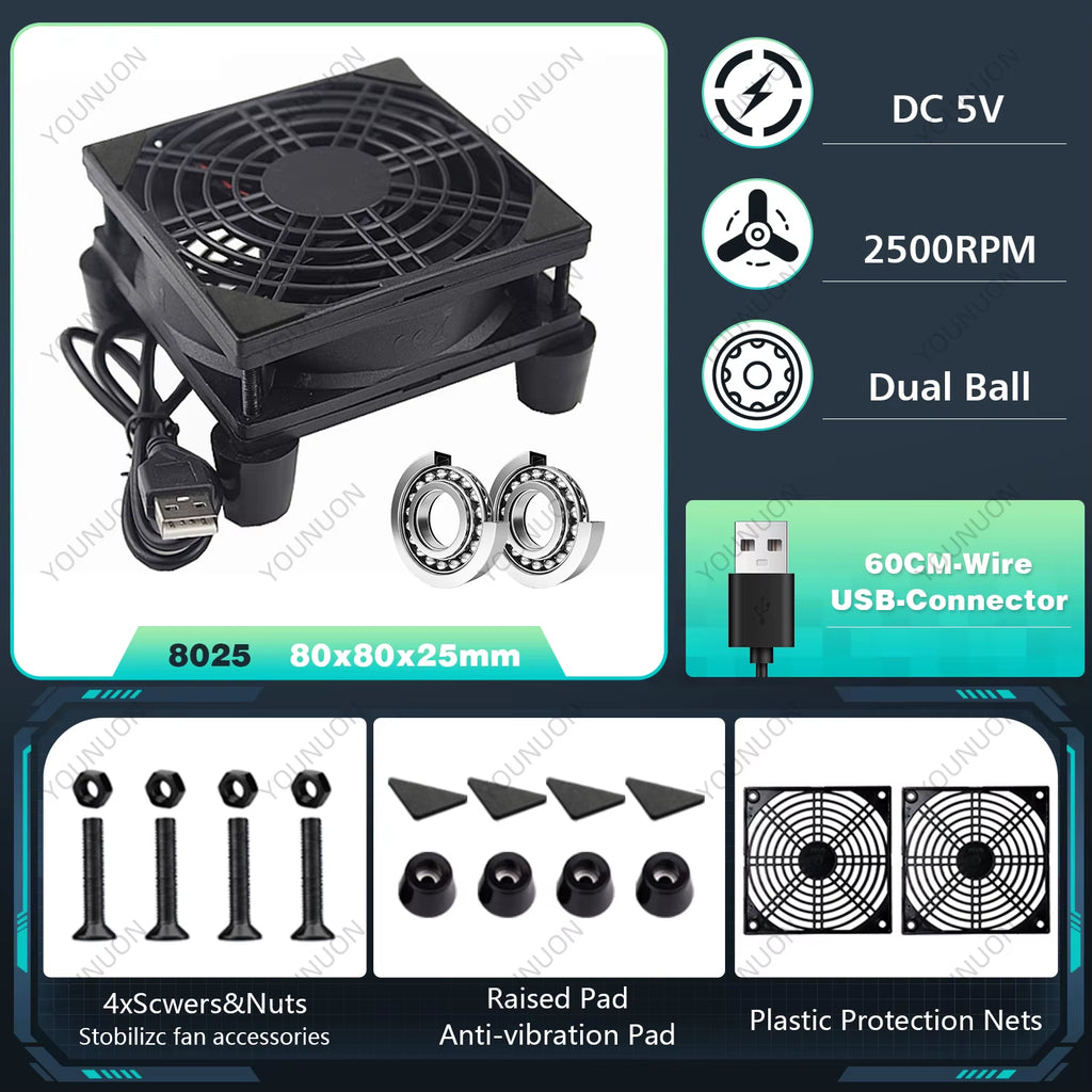 5V USB Router Fan 80mm 92mm 120mm 140mm DIY TV Box Ball/Sleeve Cooler & Protective Net Desktop Cooling Fan