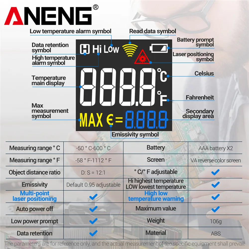 TH203 Digital Infrared Thermometer -50~600℃ Temperature Meter Non-contact Pyrometer Tester IR Hygrometer Industrial Tool