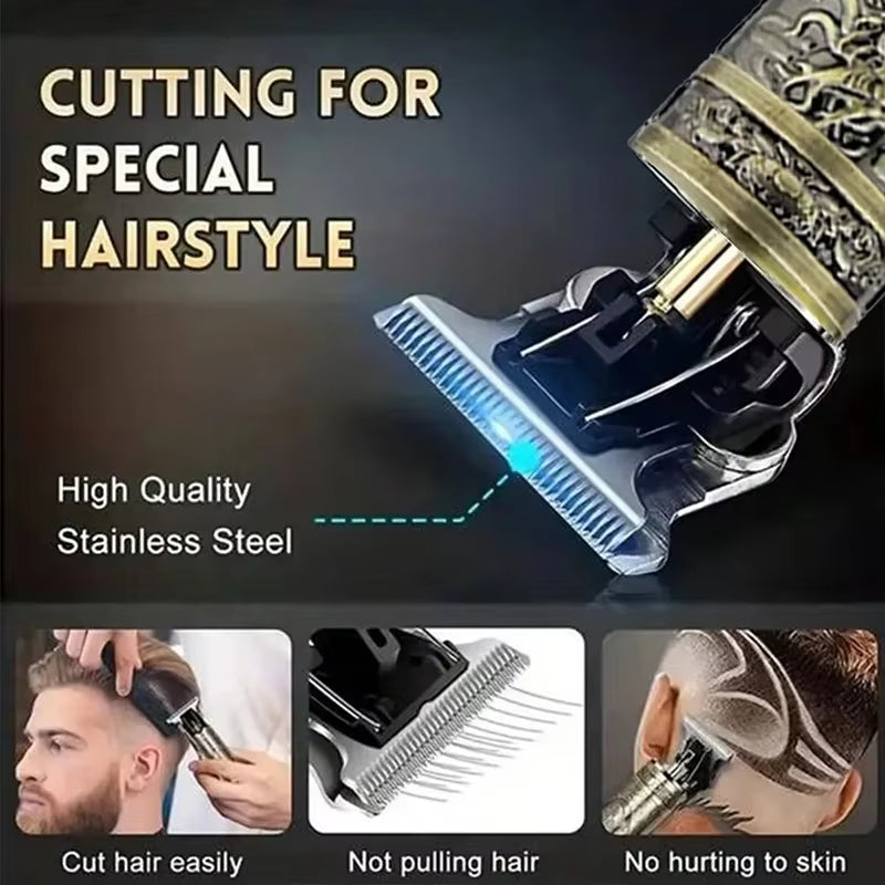T9 Professional Retro Electric Cordless Hair Clipper Grade Rechargeable Hair Trimmer Kit with Dragon Engraved Retro Design