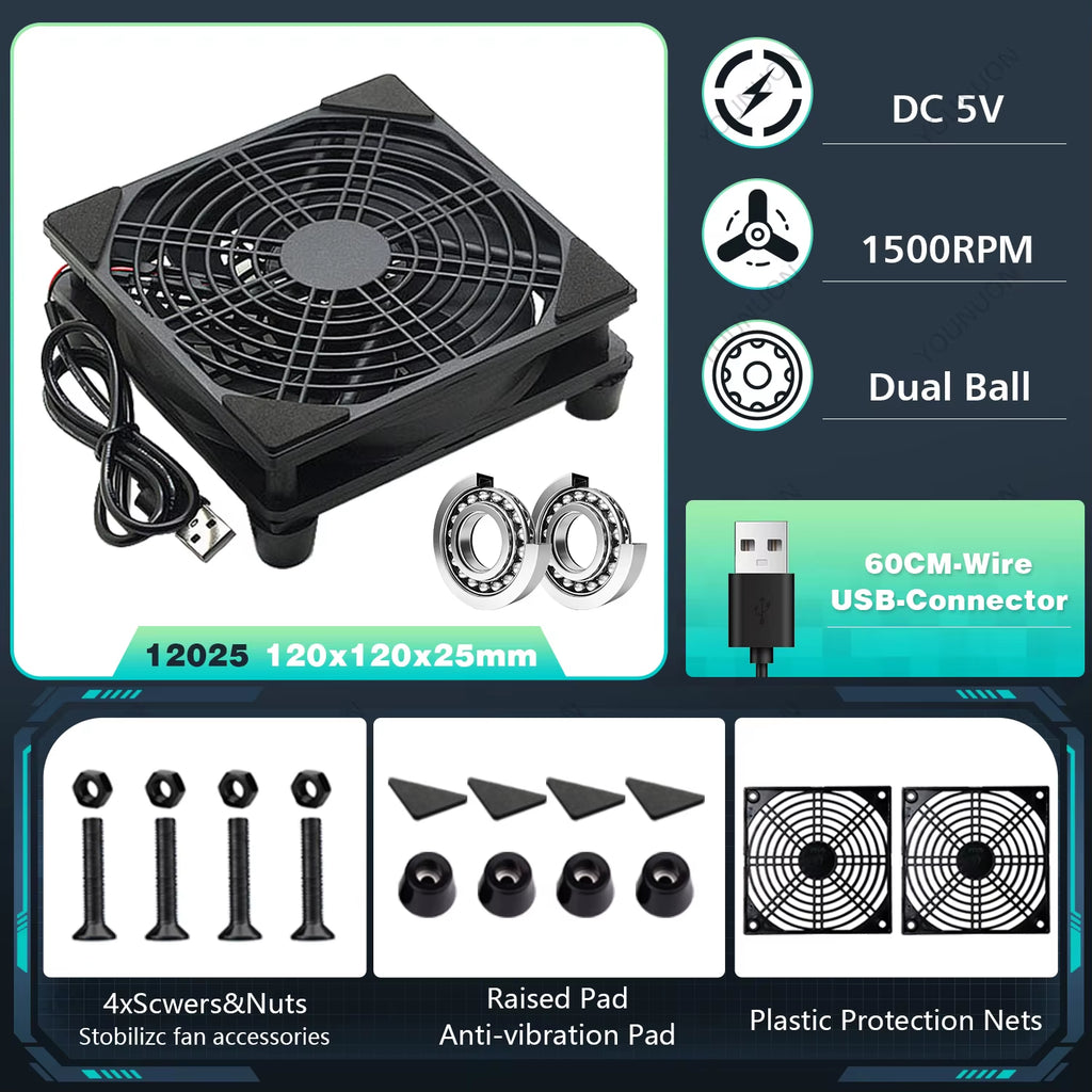 5V USB Router Fan 80mm 92mm 120mm 140mm DIY TV Box Ball/Sleeve Cooler & Protective Net Desktop Cooling Fan