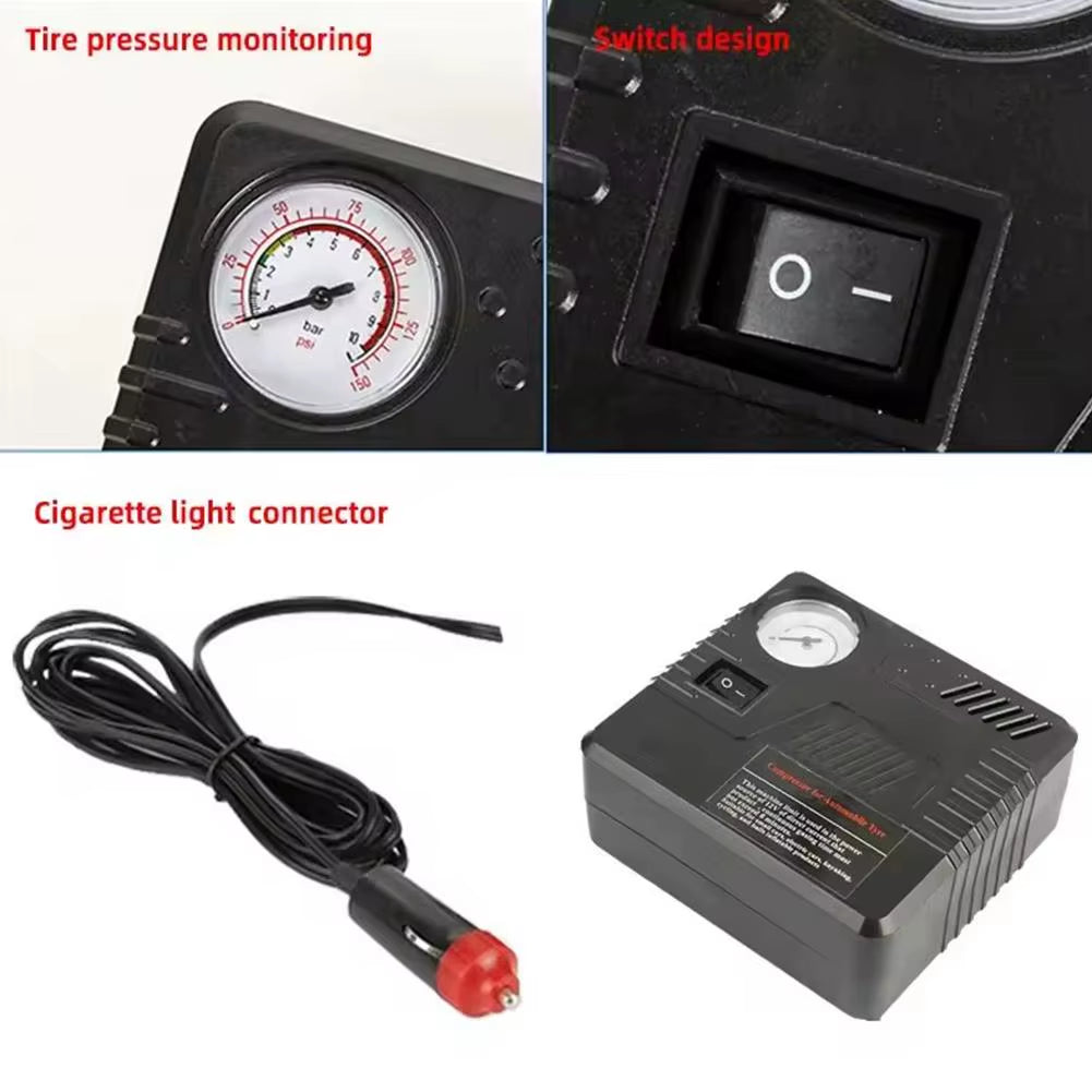 Car Emergency Air Pump Auto Tire Inflator DC 12V with Pressure Gauge Cigarette Lighter Plug Compact Portable for SUV Truck