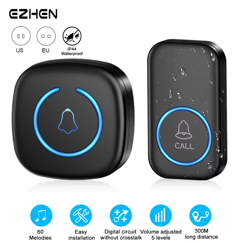 Wireless Doorbell Intelligent Welcome Door Bell 300M/984 FT Remote 60 Songs Melodies Home Smart Doorbell US EU UK Plug Optional