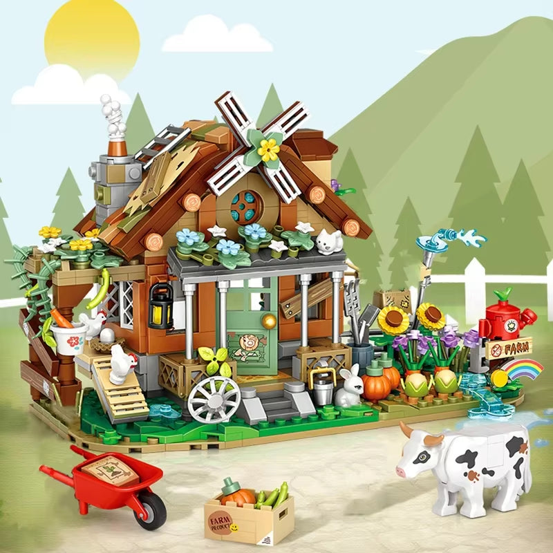 Farm Building Block Set DIY Country Windmill Cabin Model Small Particle Assembled Ornaments Adult and Children's Toys Gifts