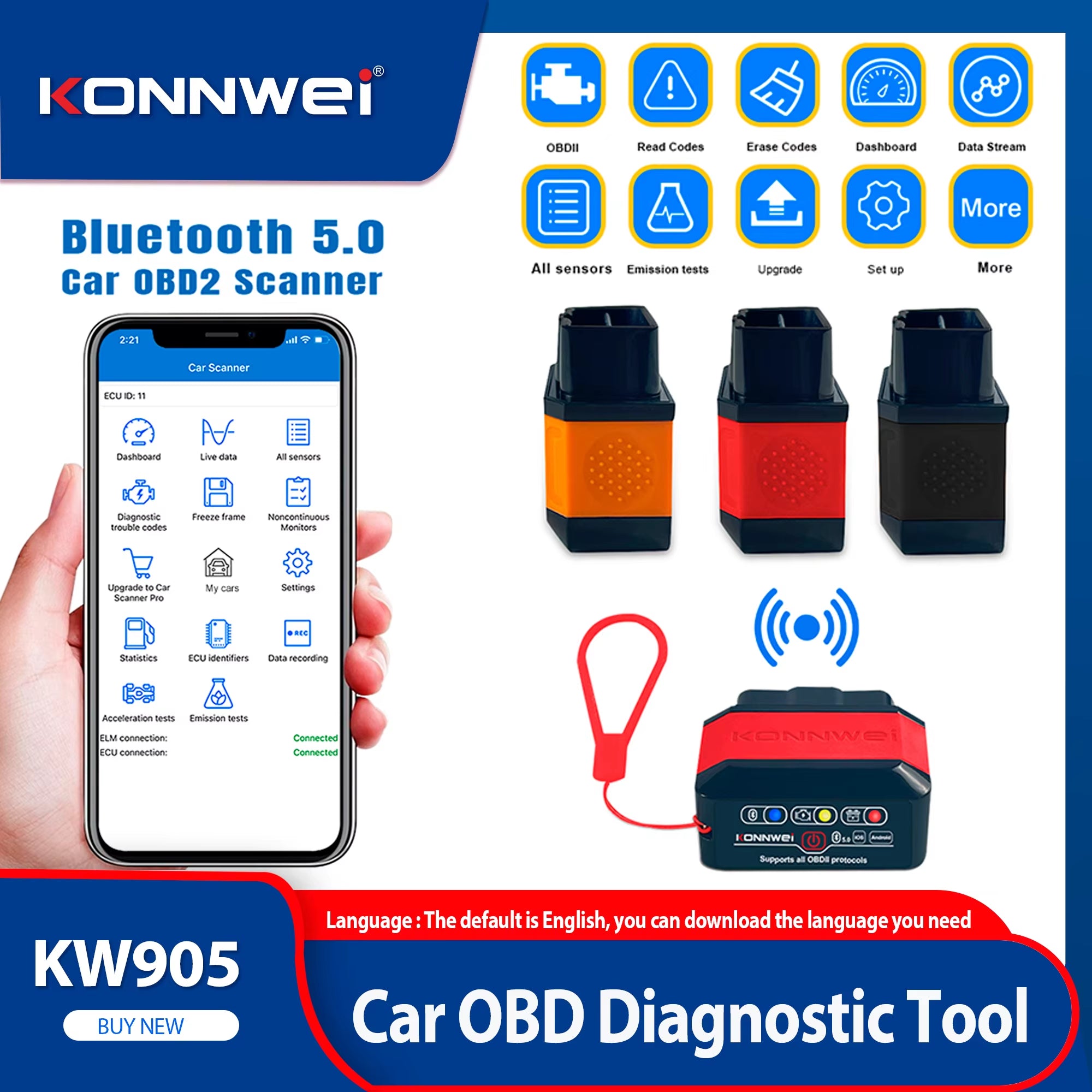 2026  KW905 ELM327 OBD2 Scanner Bluetooth 5.0 Engine Fault Scanner Tool OBDII Code Reader Diagnostic Tool for Android/IOS