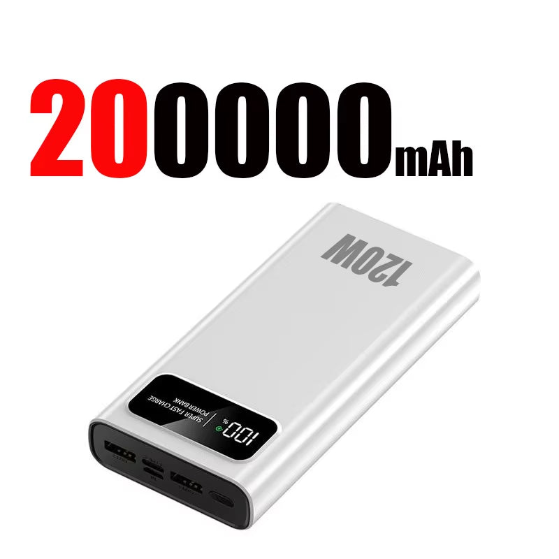 120W 200000mAh Power Bank Super Fast Charging Battery High Capacity Digital Display Power Bank For iPhone Samsung Huawei