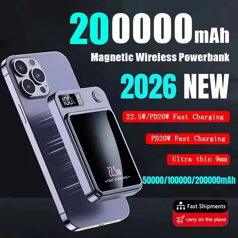 200000mAh Wireless Magnetic Power Bank 22.5W Fast Charging Portable External Battery PowerBank for iPhone Sumsang