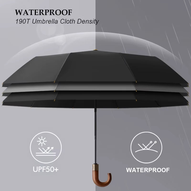 30 Bones Windproof Strong Reinforced Automatic Folding Umbrella for Men Curved Wooden Handle Luxury Umbrella Water Resistant