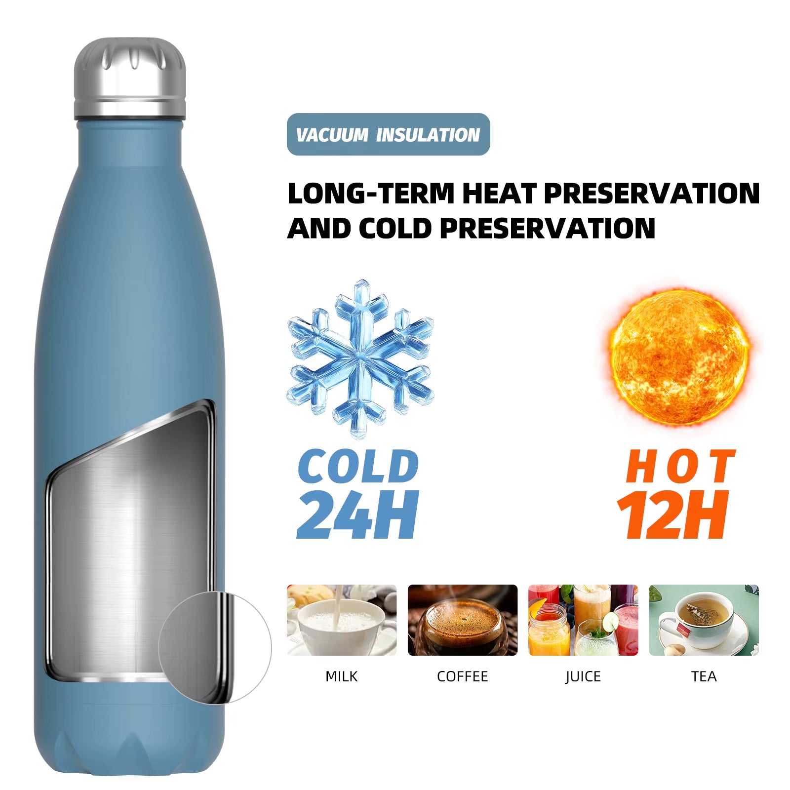 500ml Stainless Steel Vacuum Flask, Insulated Thermos Cup for Coffee & Water, Double Wall Thermal Bottle for Sports