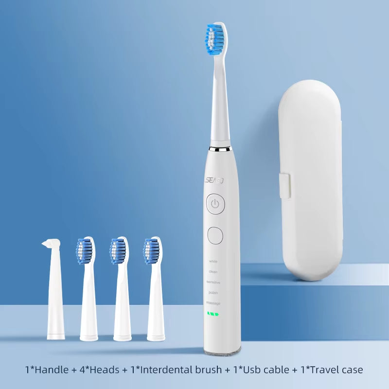 Electric Sonic Toothbrush USB Rechargeable Adult 360 Days Long Battery Life IPX7 4 Replacement Heads Travel Box  SG-575