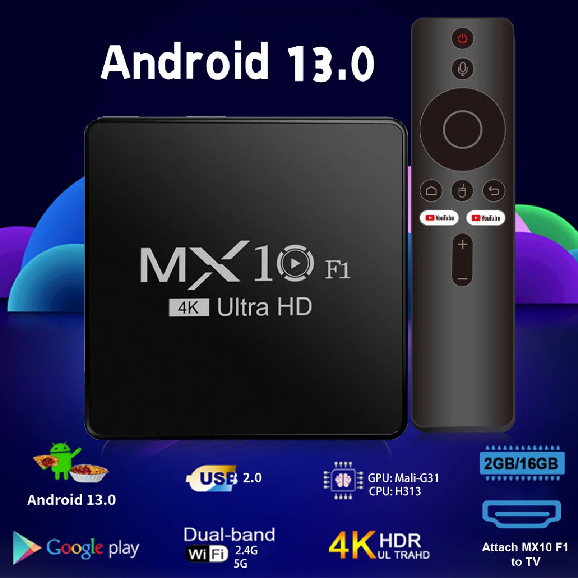 TV Box  F1 Android 13 Mali-G31 4K 2GB RAM 16GB eMMC flash Media Player Support Voice Remote Control