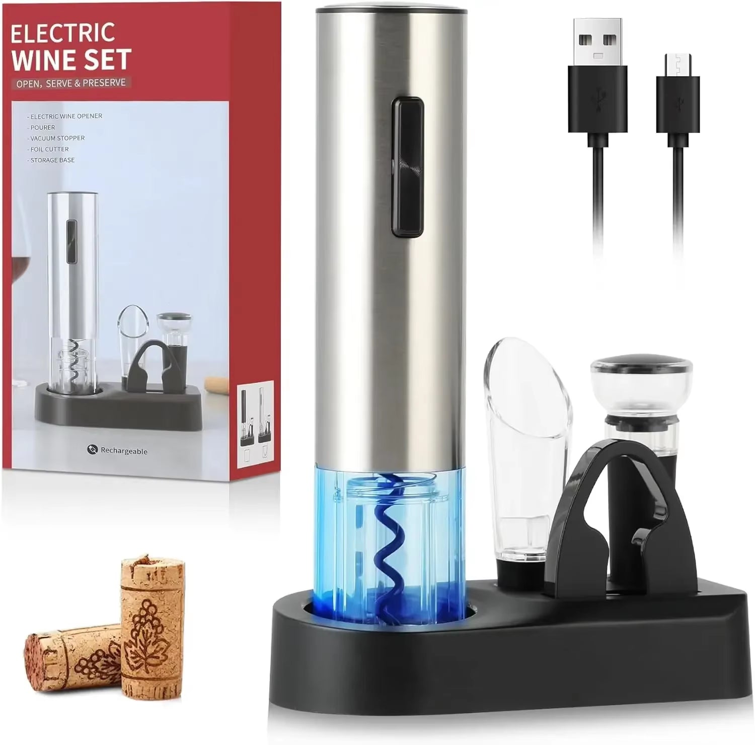 Electric Wine Opener Rechargeable Set, Automatic Electric Wine Opener with Stand with Foil Cutter, Pourer, Vacuum Stopper