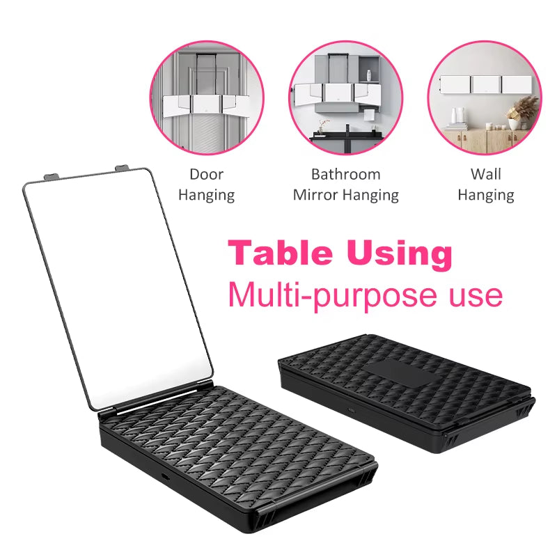 3 Way Haircut Mirror 360 Mirror with LED Lights Door-Hanging Design with Hook Perfect for Makeup Self Hair Cutting Portable Fold