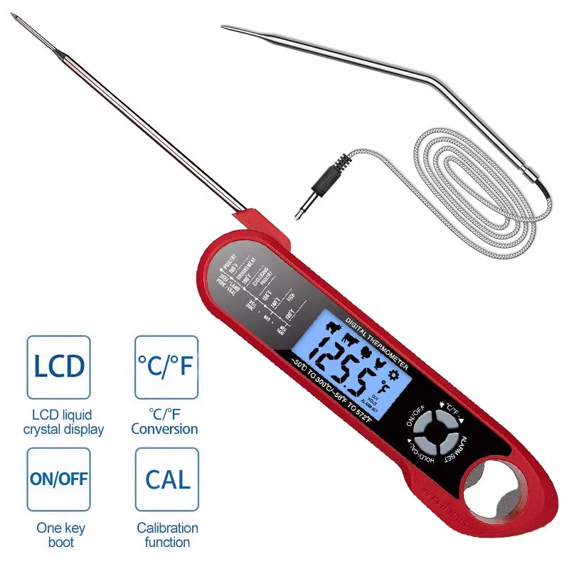 Digital Food Kitchen Thermometer Dual-Probe Waterproof  For Oven Meat Cooking Grilling With Rotating LCD Screen Alarm Function