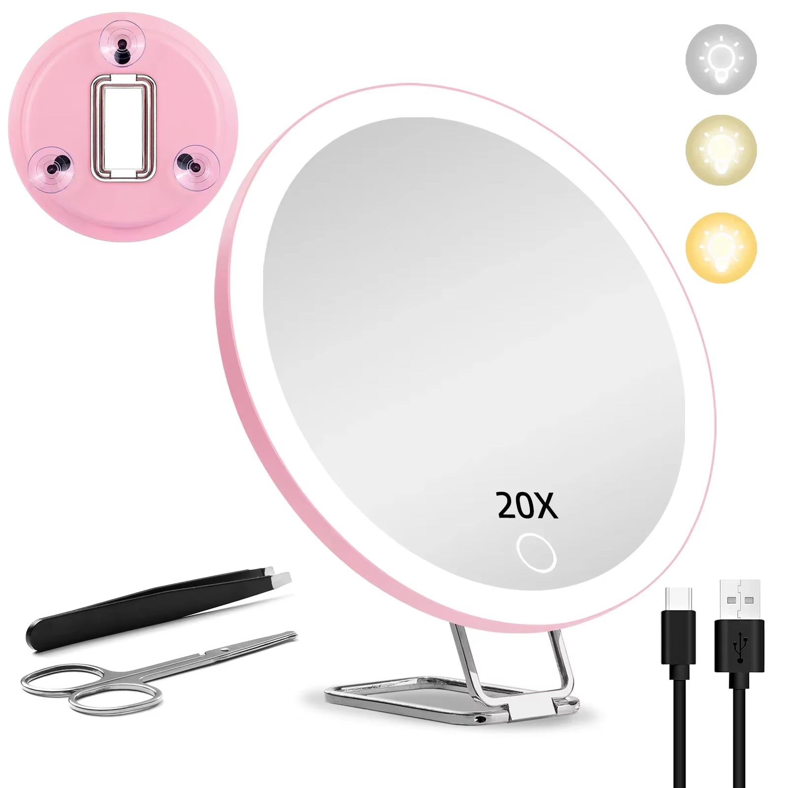 6 Inch Adjustable Stand Magnifying Mirror with Light High-Definition Suction Cup LED Makeup Mirror Foldable 5/10/20/30x
