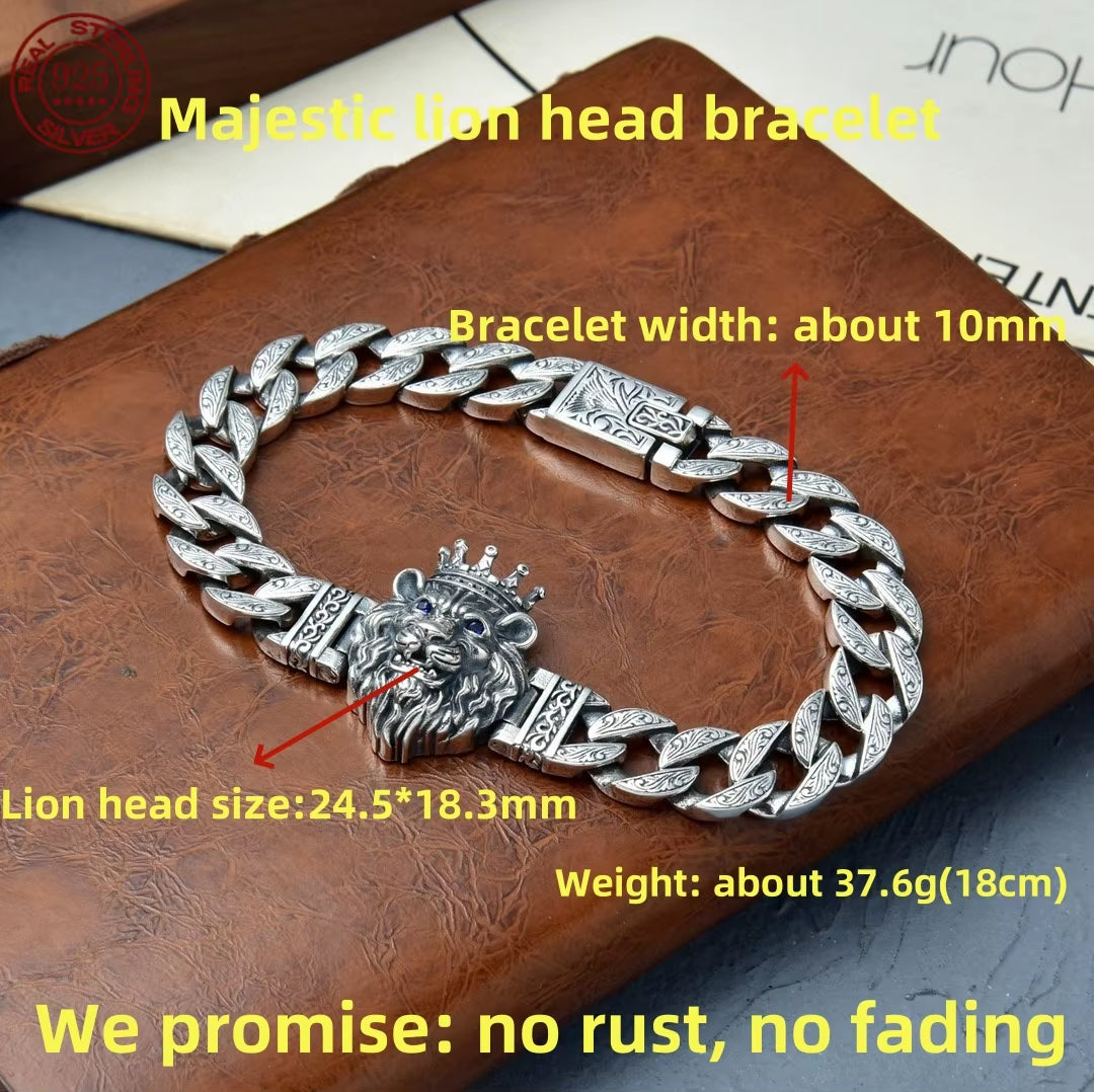 Factory Price S925 Silver Jewelry Men's Vintage Fashion Punk Lion Head Bracelet Retro Trend Jewelry Gift