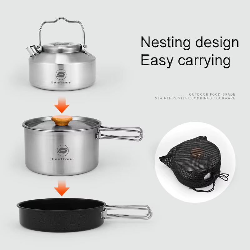 Stainless Steel Camping Cookware Set Kettle Pot Pan - Outdoor Cooking Essentials for 2-3 Person