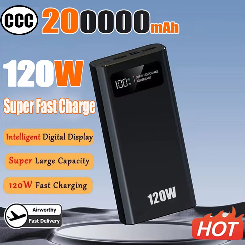 For Xiaomi120W 200000mAh Power Bank Super Fast Charging Battery High Capacity Digital Display PowerBank For iPhone Samsung New