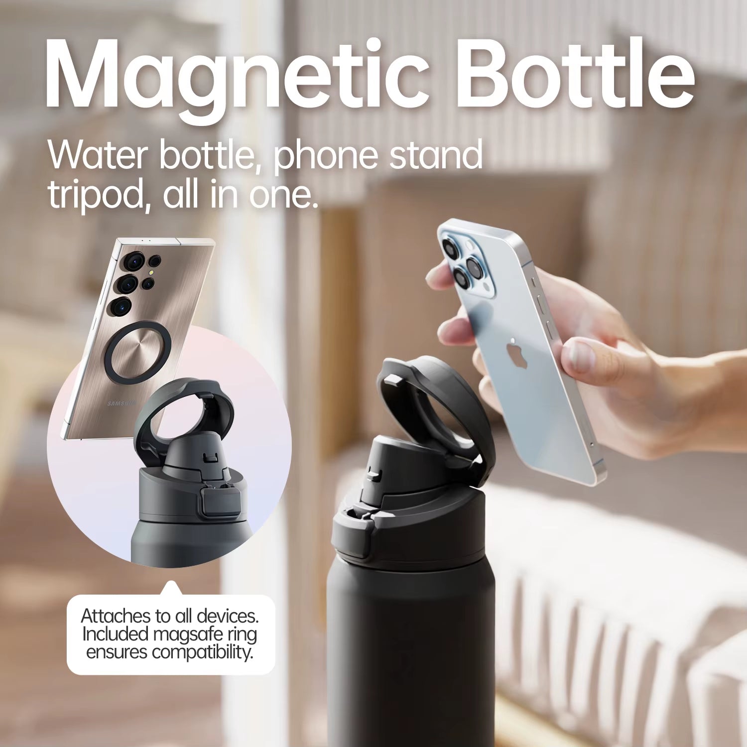 Magnetic Thermos Stainless Steel Sports Water Bottle with Magnetic Phone Holder Bouncing cover Insulation Cup