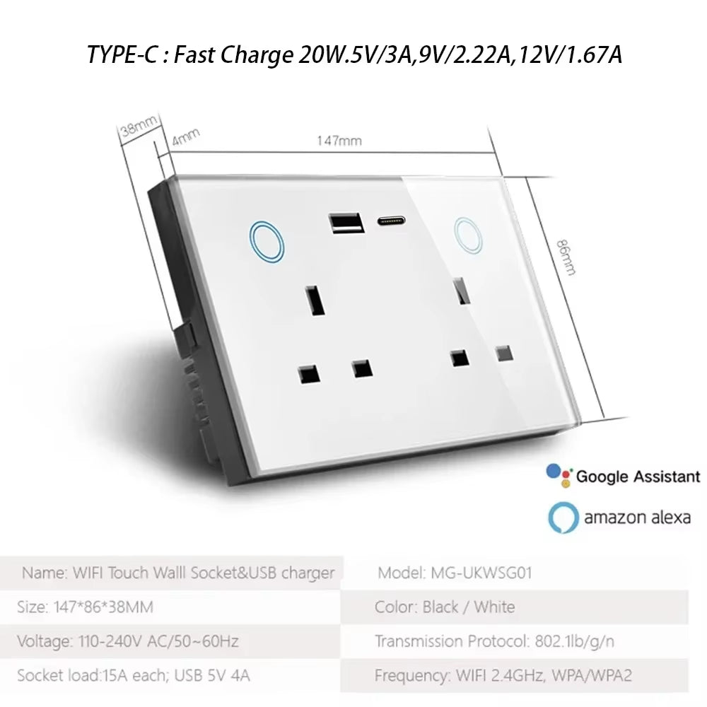 WIFI Smart Tuya USB Type C PD 20W Wall Socket UK Plug Outlet Power Monitor Touch Switch Wireless Remote Alexa Google Home