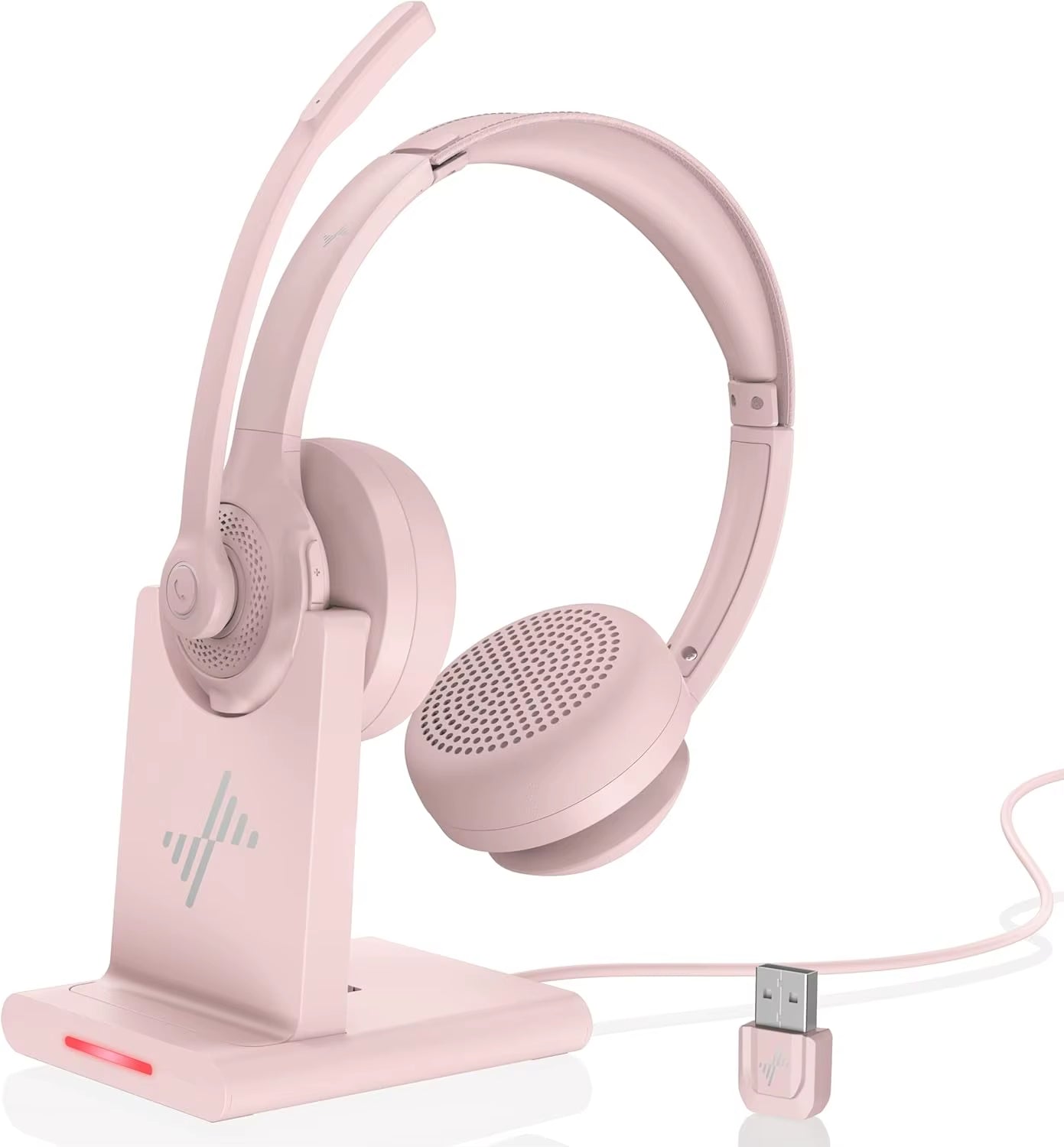JIAMQISHI EH02P Wireless Headset with AI Noise Cancelling Microphone Headphones Bluetooth V5.2 with USB Dongle,Charging Base