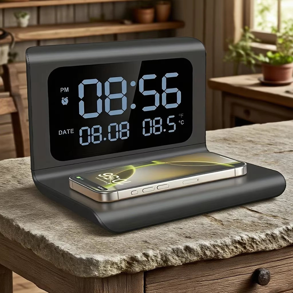 Wireless Charger with Clock Alarm - Detachable, Compatible with iPhone 16/15/14/13 series and Samsung Galaxy S24/S23/S22