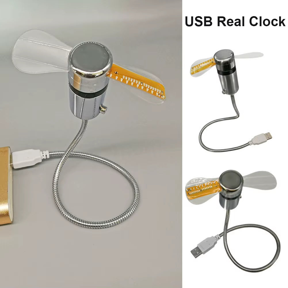 Portable Clock Fan RGB LED Night light 5V USB Hand Fan Real Time Temperature Display Metal Mini Fan for PC Laptop Desktop Cooler