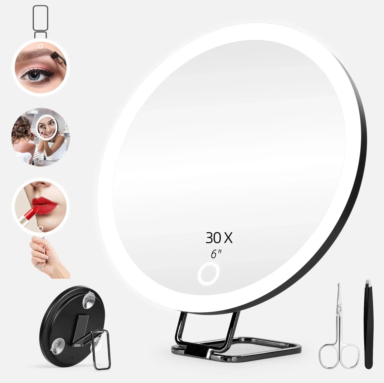 6 Inch Adjustable Stand Magnifying Mirror with Light High-Definition Suction Cup LED Makeup Mirror Foldable 5/10/20/30x