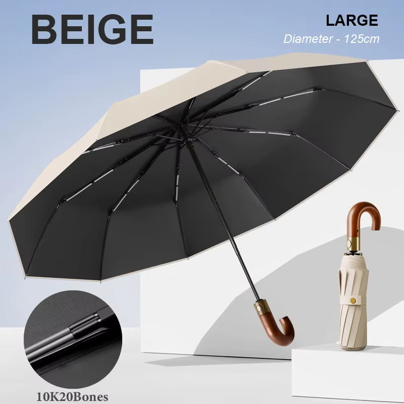 30 Bones Windproof Strong Reinforced Automatic Folding Umbrella for Men Curved Wooden Handle Luxury Umbrella Water Resistant