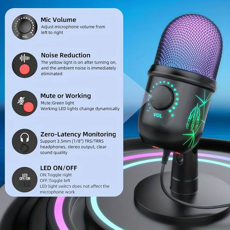 USB Microphone for Live Streaming Karaoke V5 Noise Cancelling Gaming Condenser Microphone with Mobile Phone Standphon