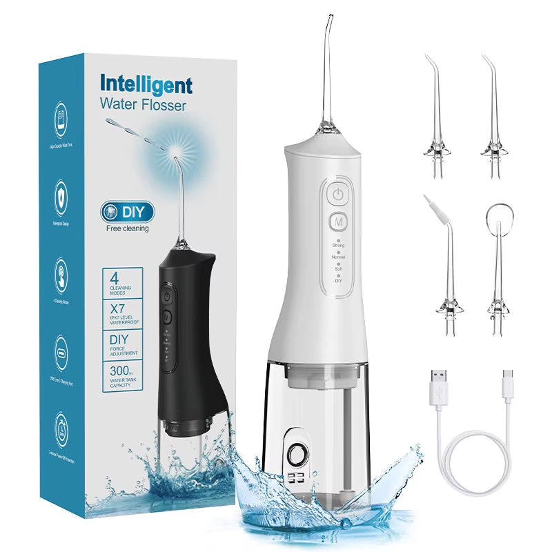 Water Dental flosser Teeth Pick- 4 Modes Cordless Oral Irrigator 300ML Portable and Rechargeable IPX7 Waterproof Powerful Batter