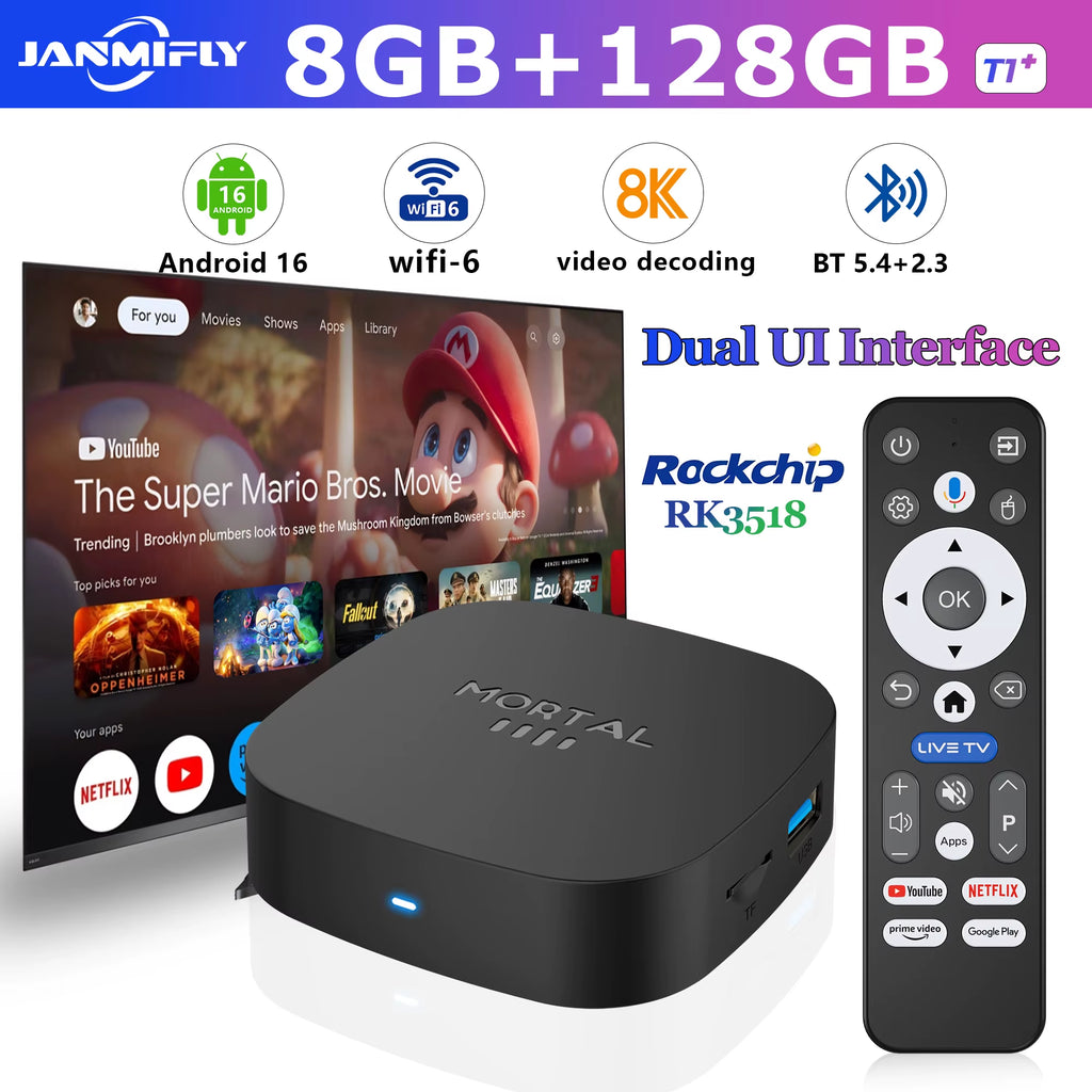 2025 New Android TV Box T1+ Rockchip RK3518 Android 16 8GB RAM 128GB ROM WiFi 6 BT 5.4 Dual UI 8K Ultra HD Smart Media Player